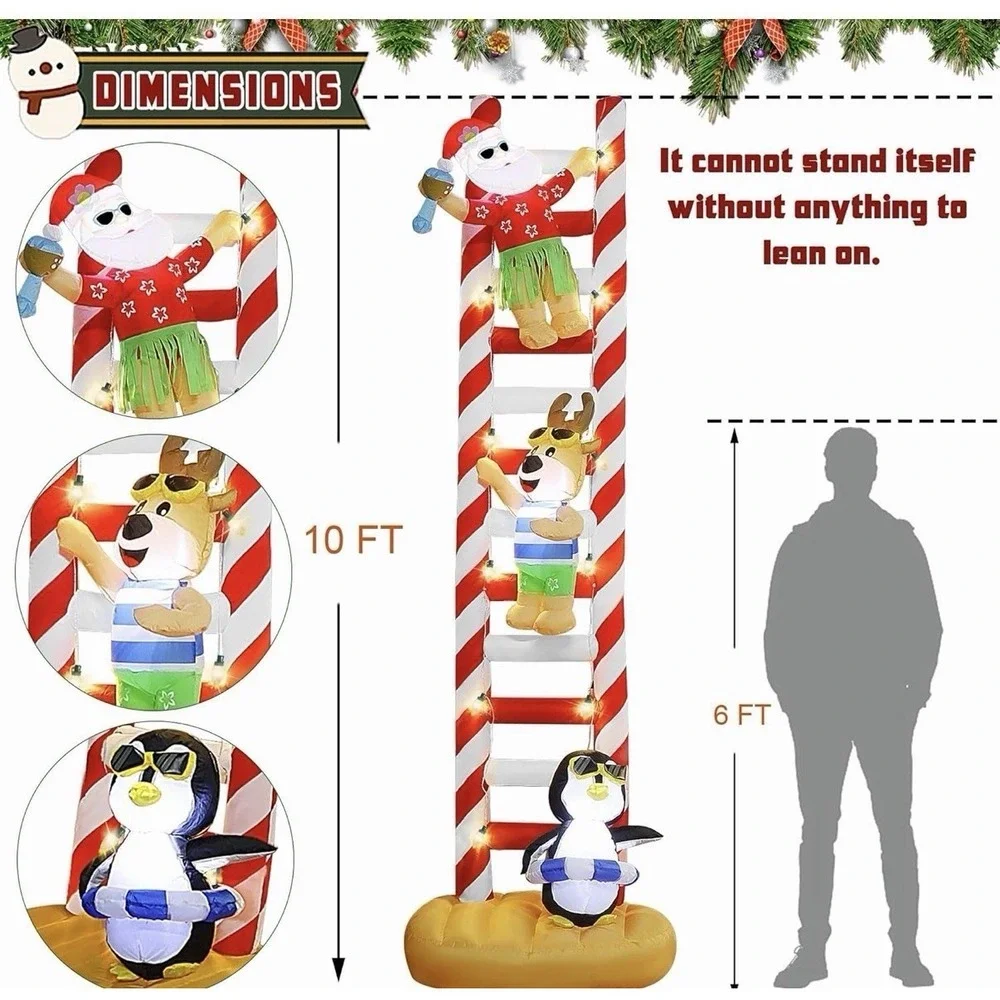 10FT Christmas Inflatable Decorations, Giant Ladder Blowups Hawaii Tropical Lawn